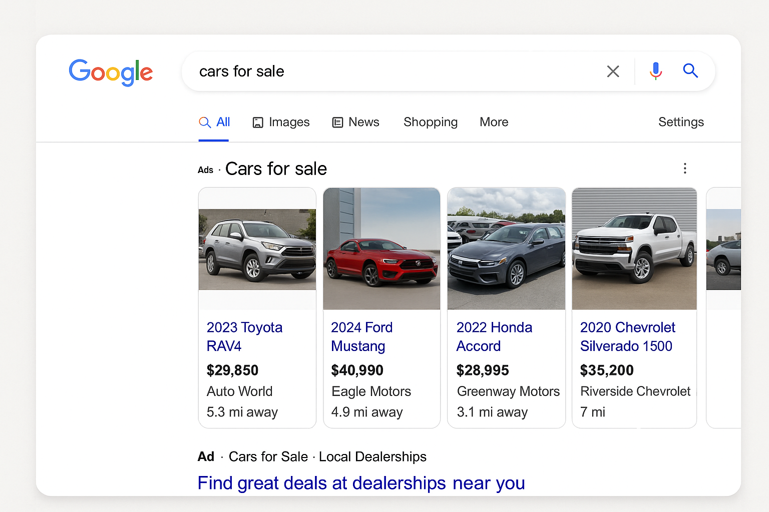 Google search results page showing automotive shopping ads for local car dealerships, including vehicle photos, prices, and dealer information.