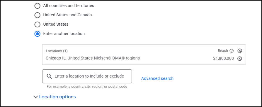 The interface appears to show ads will run only in the Chicago area