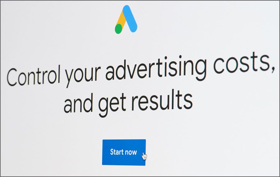 New york, USA - april 8, 2019: Start google ads on digital screen macro close up view