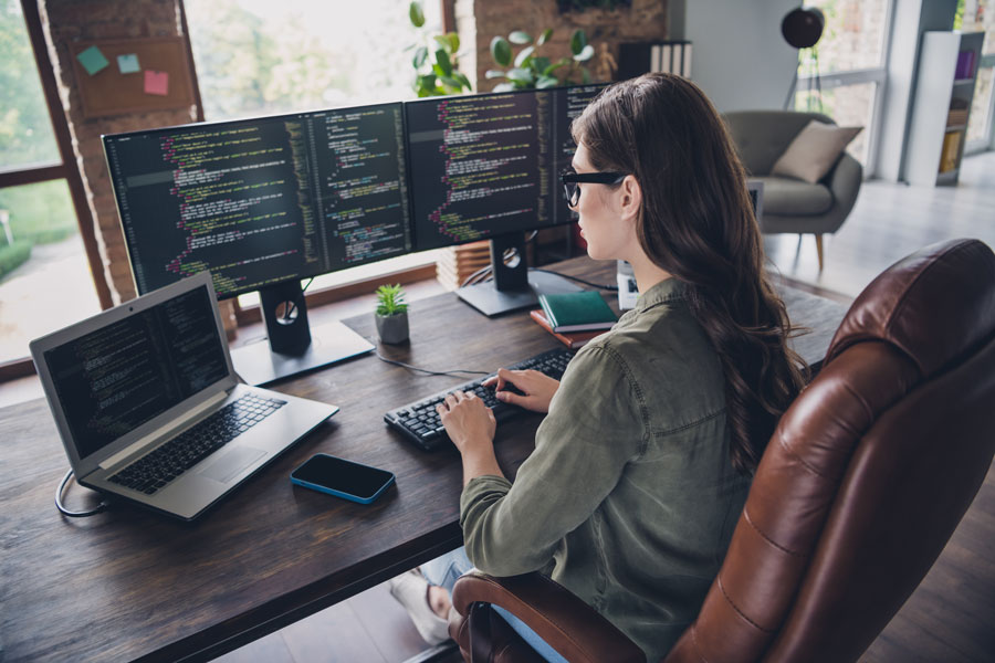 Photo of intelligent adorable lady working startup project hacking site write new app program site indoor room workstation