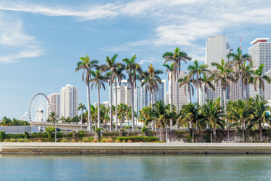 Modern skyline of Miami with towering skyscrapers, tropical vibe, and waterfront views under a sunny sky