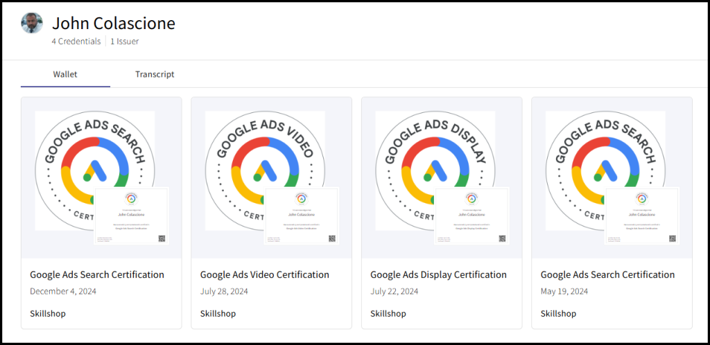 Google Ads certifications held by John Colascione, including Search, Display, and Video credentials issued through Google Skillshop. File image, licensed.