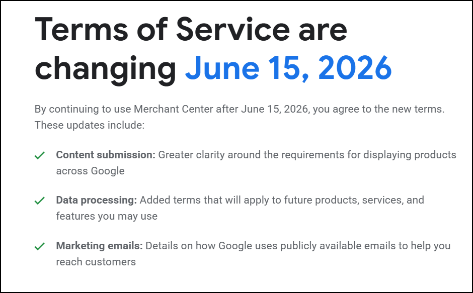 Review the appropriate Google Merchant Center Terms of Service based on the country in which your business is registered.
